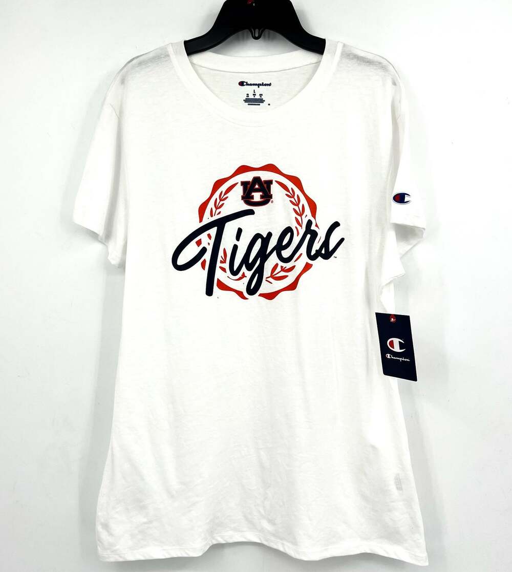 CHAMPION Womens Auburn Tigers Faux Crest T-shirt LARGE White Short Sleeve NWT